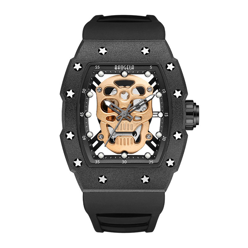 Baogela lebka Tonneau Watch Top Brand Quartz znerezové oceli vodotěsné kreativní hodinové silikonové popruhy Watch Watch Rose 4141