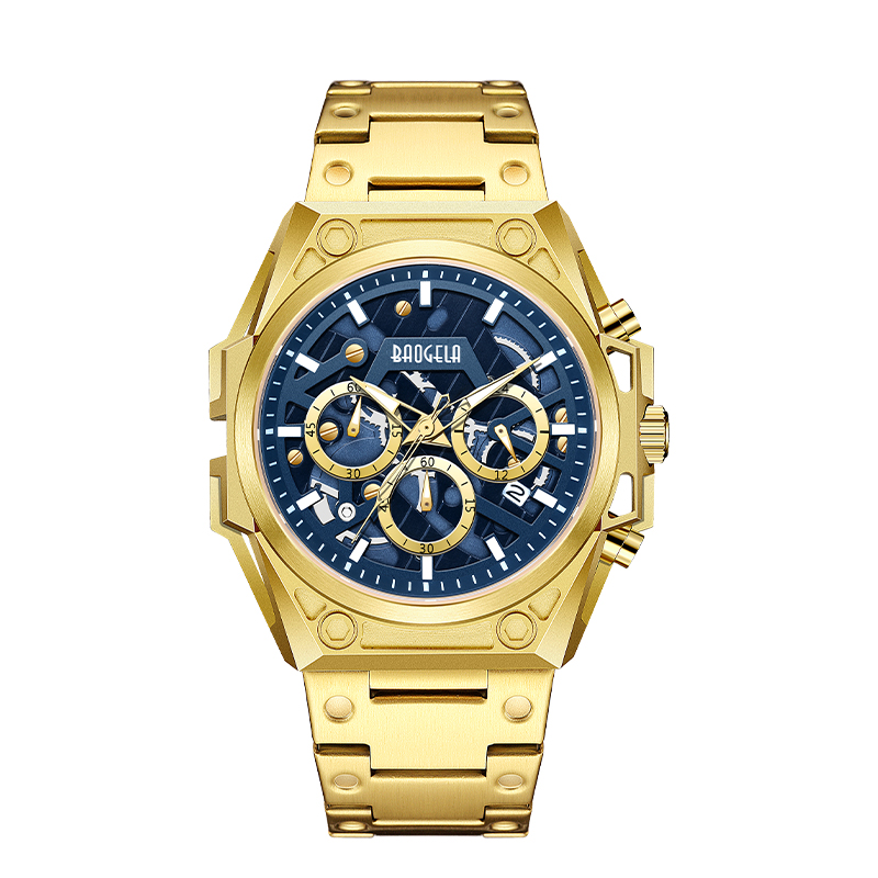 Baogela sleduje muži znerezové oceli Luxusní značka Vojenská sportovní sportovní hodinky Kožený popruh Chronograf křemenní hodinky 22605